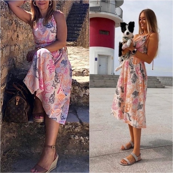 NWT ZARA X DISNEY Midi Dress Jungle Book Sketch Print Halter Rope Tie Pleated S - Picture 2 of 13